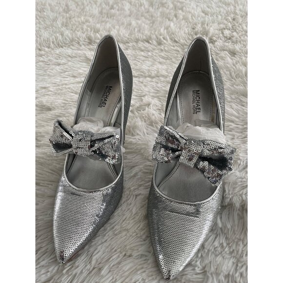 Michael Kors Silver Sequin Stiletto Heels With Bow Accent Size 8M - Picture 10 of 11
